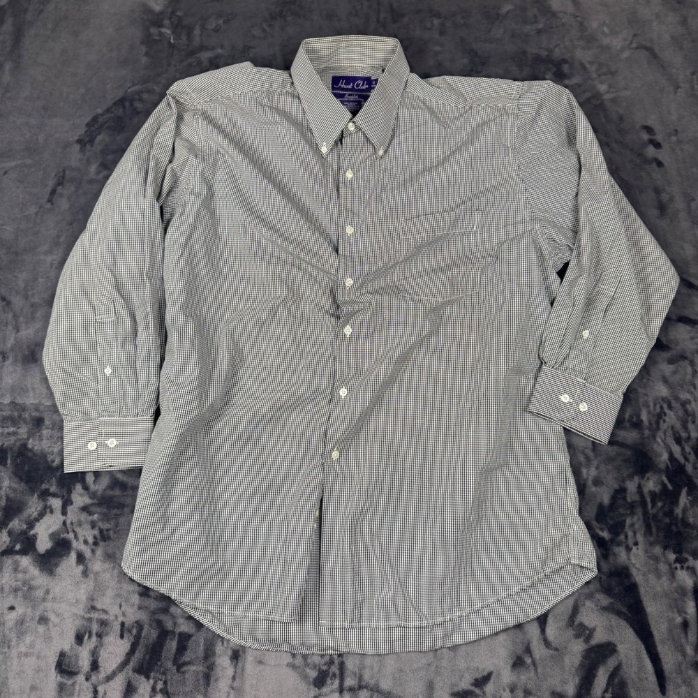 Hunt Club Button Down Mens 17 32/33 Black Gingham Broadcloth Long Sleeve Shirt